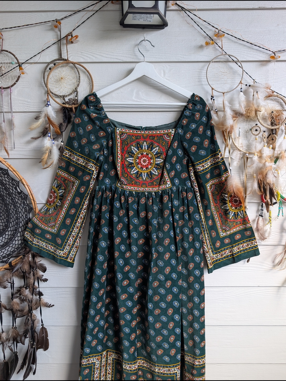 Bohemian Hippie Vintage 70s Calderon Velour Velvet Green Printed Maxi Dress - Picture 7 of 8